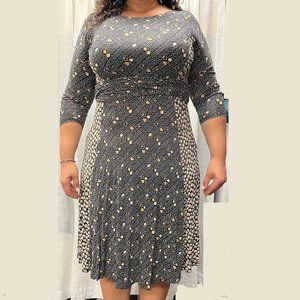 Boden Floral Print 3/4 Sleeve Midi Jersey Dress Black Gold White Polka Dot 16